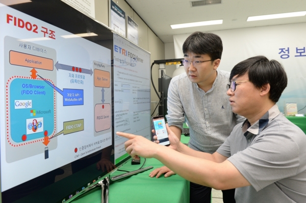 (왼쪽부터)김석현 연구원, 조상래 연구원이 FIDO2 인증 프로세스에 대해 논의하고 있다.