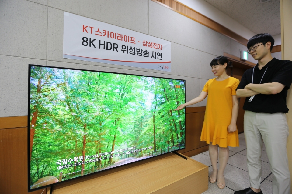 삼성전자와 KT스카이라이프 관계자가 8K 위성 방송을 2019년형 삼성 QLED 8K 82형을 통해 시청하고 있다.