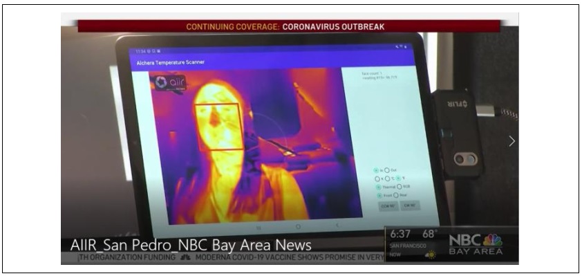 지난 5월 18일 미국 NBC Bay Area 뉴스에 알체라의 클라우드 기반 코로나 방역 솔루션 ‘AIIR’이 소개됐다. (자료화면=미국 NBC Bay Area 캡쳐본, 알체라 제공)