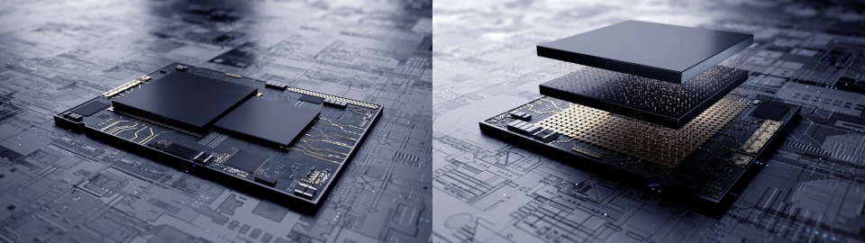 삼성전자는 최첨단 EUV 시스템반도체에 3차원 적층 기술을 업계최초로 적용했다. (왼쪽) 기존 시스템반도체의 평면 설계와  (오른쪽) 삼성전자의 3차원 적층 기술 'X-Cube'를 적용한 시스템반도체의 설계