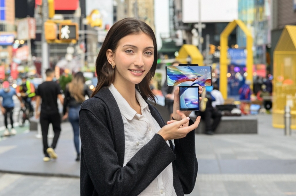 LG전자가 현지시간 15일 전략 스마트폰 ‘LG 윙(LG WING)’을 미국 시장에 본격 출시했다. 뉴욕 타임스스퀘어 광장에서 모델이 LG 윙을 소개하고 있다.