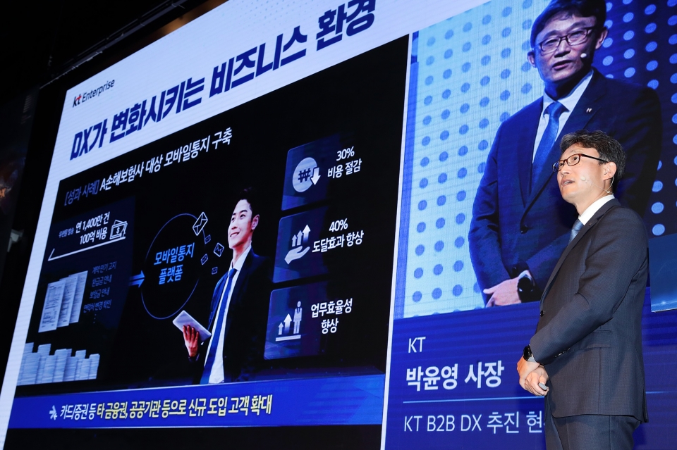 KT 기업부문장 박윤영 사장이 'Digital-X 서밋 2020’에서 디지털 혁신의 중요성에 대해 설명하고 있다.