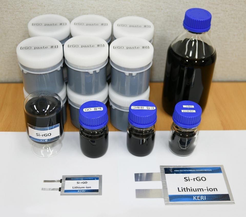 ‘그래핀 수(水)계 분산 기술’을 활용해 제조한고농도 페이스트 형태의 환원 그래핀 및 잉크(뒷줄),실리콘/그래핀 복합 음극재 분산용액(왼쪽 Si-rGO), 파우치형 Full Cell(앞줄)