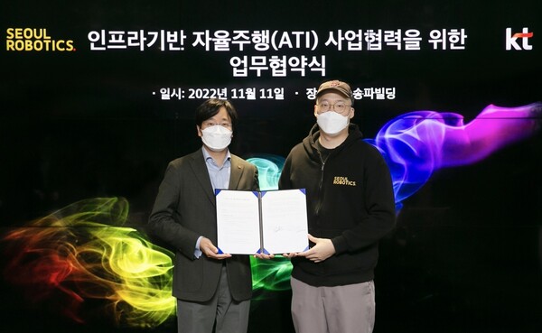 KT AI mobility사업단장 최강림 상무(왼쪽)와 서울로보틱스 이한빈 대표가 업무협약 후 기념촬영하고 있다.