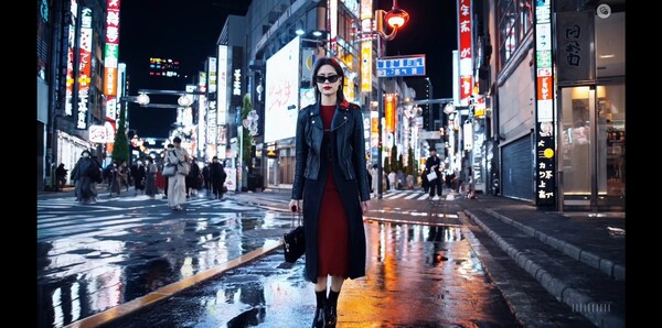 오픈AI의 비디오 생성 AI모델 '소라'가 만들어 낸 영상의 스틸 캡처. 스타일리시한 여성이 도쿄 거리를 거니는 모습을 표현하라는 프롬프트로 생성된 영상이다. 출처=오픈AI