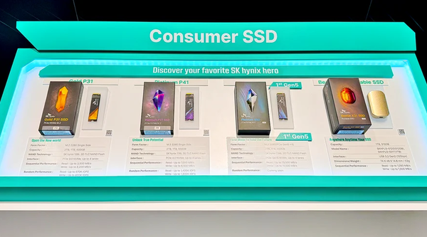 SK하이닉스가 GTC 2024에서 공개한 PCIe 5세대 SSD를 적용한 소비자용 SSD 신제품들.